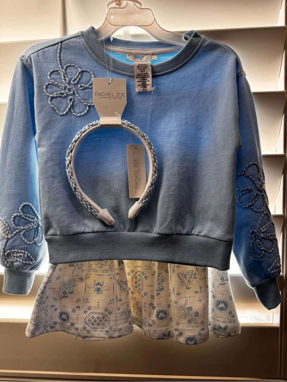 ✅NEW “Rachel Zoe” Light Blue Embroidered Sweatshirt & Skirt with Headband